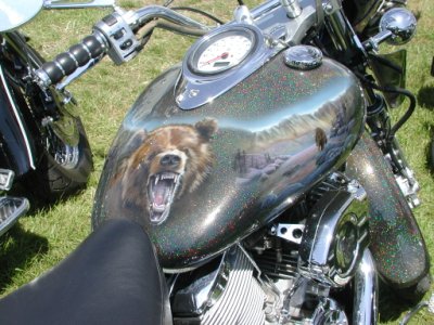 Finished airbrushed tank showing bear and blended scene