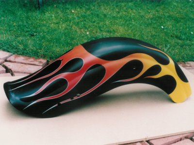 Airbrushed flames on a Harley fender